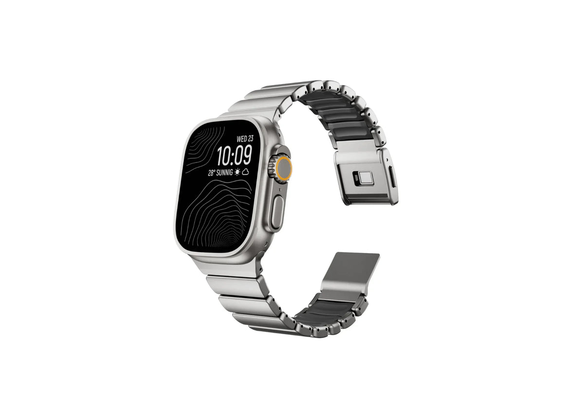 Rear perspective of the Silver & Black Titanium Apple Watch Band highlighting lightweight titanium construction and premium black silicone interior