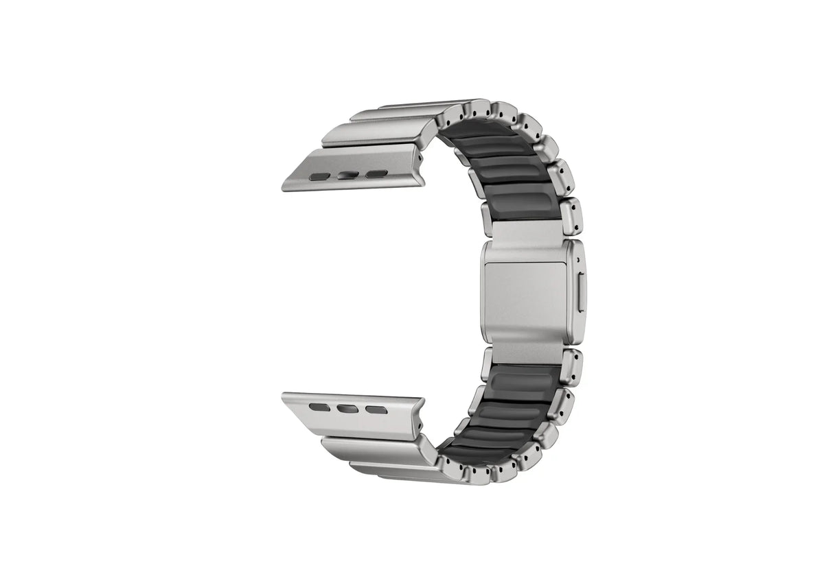 Detailed close-up of the magnetic locking system on the Silver & Black Titanium Fusion Apple Watch Strap with precision titanium hardware