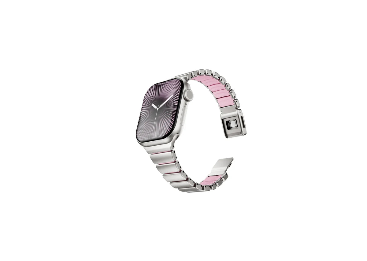 Silver and pink Fusion stainless steel Apple Watch strap for women featuring premium stainless steel outer links, soft pink silicone comfort lining and secure butterfly clasp, compatible with Apple Watch Ultra 3, Ultra 2, Ultra, Series 11, Series 10, Series 9, Series 8 and Apple Watch SE.