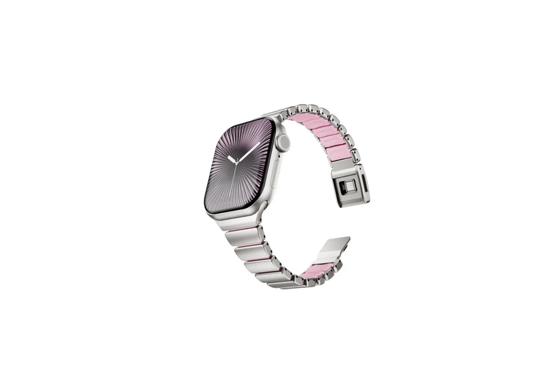Silver and pink Fusion stainless steel Apple Watch strap for women featuring premium stainless steel outer links, soft pink silicone comfort lining and secure butterfly clasp, compatible with Apple Watch Ultra 3, Ultra 2, Ultra, Series 11, Series 10, Series 9, Series 8 and Apple Watch SE.