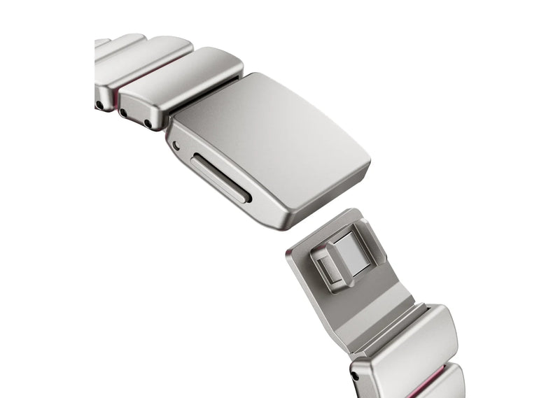 Side profile of the silver and pink Fusion Apple Watch band highlighting premium stainless steel links, soft pink silicone interior and secure butterfly clasp for Apple Watch Ultra 3, Series 11, Series 10 and Apple Watch SE.