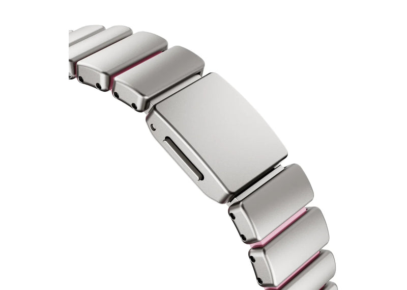 Exterior view of the silver Fusion stainless steel Apple Watch strap featuring elegant brushed stainless steel links and premium butterfly deployment clasp, designed for women and compatible with Apple Watch Ultra and Series 11.