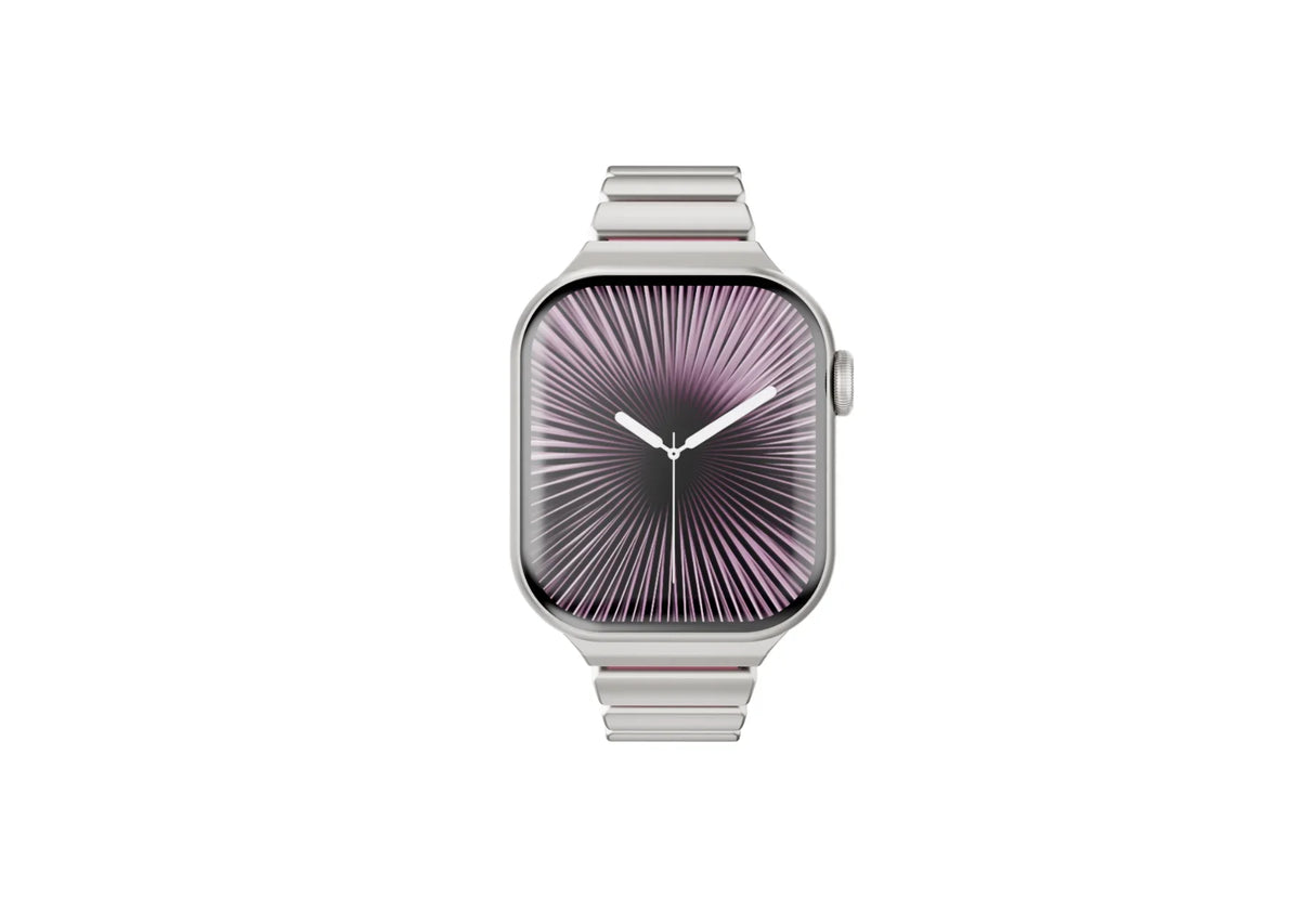 Perspective view of the silver Fusion Apple Watch strap with pink silicone comfort lining and butterfly clasp shown open, offering a secure fit and premium finish for Apple Watch Ultra and Series 11.