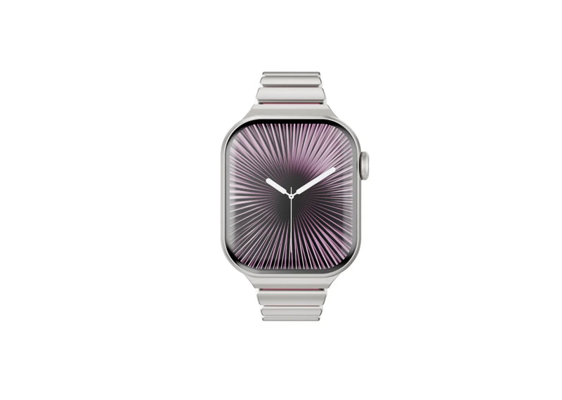 Perspective view of the silver Fusion Apple Watch strap with pink silicone comfort lining and butterfly clasp shown open, offering a secure fit and premium finish for Apple Watch Ultra and Series 11.