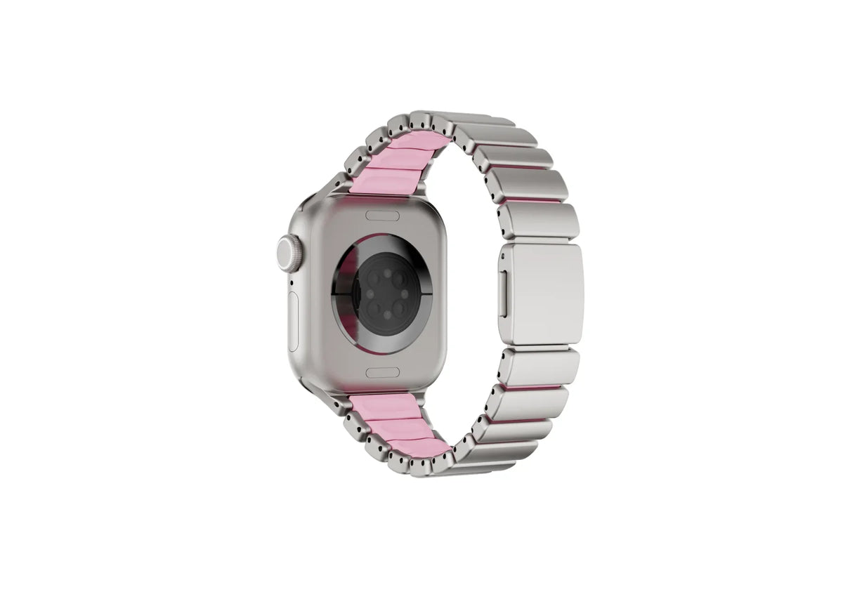 Front view of the silver and pink Fusion stainless steel Apple Watch strap featuring elegant brushed metal links and feminine styling, compatible with Apple Watch Ultra 3, Ultra 2, Series 11, Series 10 and Apple Watch SE.