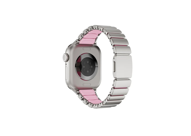 Front view of the silver and pink Fusion stainless steel Apple Watch strap featuring elegant brushed metal links and feminine styling, compatible with Apple Watch Ultra 3, Ultra 2, Series 11, Series 10 and Apple Watch SE.