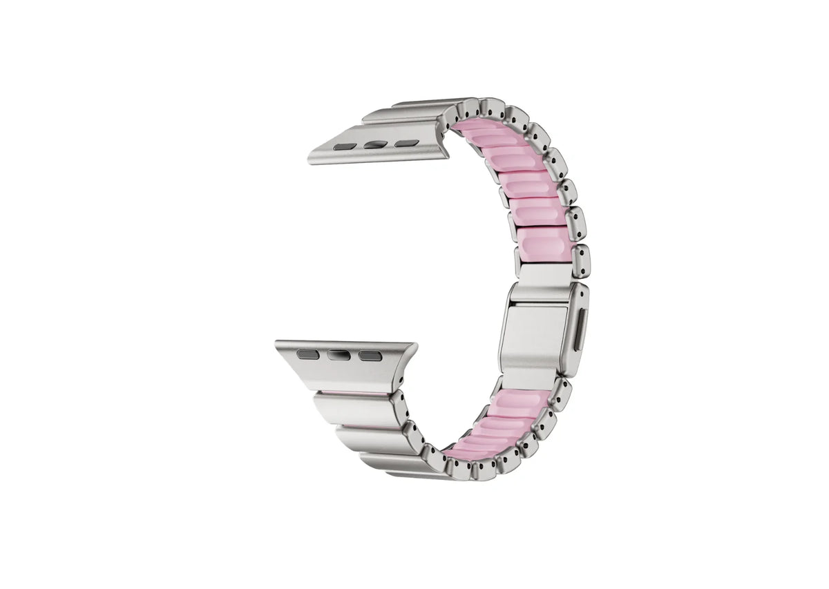 Close-up of the premium butterfly deployment clasp on the silver stainless steel Apple Watch strap featuring precision locking mechanism, brushed metal finish and durable construction.