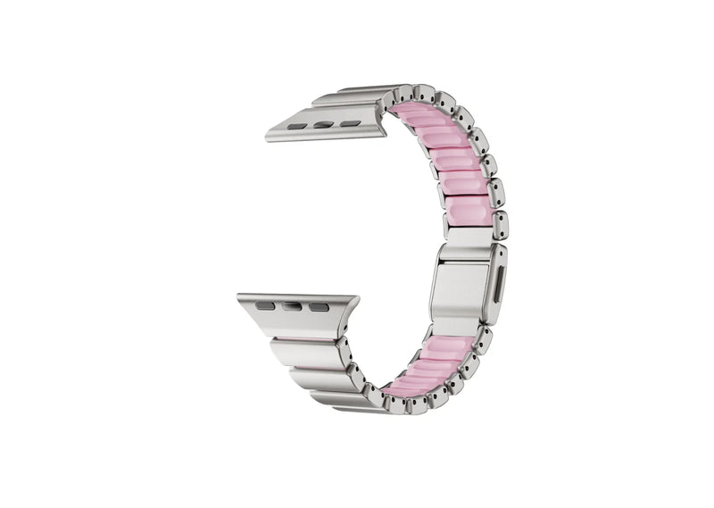 Close-up of the premium butterfly deployment clasp on the silver stainless steel Apple Watch strap featuring precision locking mechanism, brushed metal finish and durable construction.