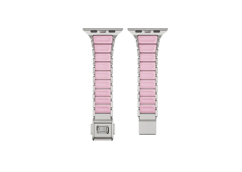 Detailed close-up of the butterfly clasp on the silver and pink Apple Watch strap showcasing premium stainless steel craftsmanship, precision engineering and secure locking mechanism.
