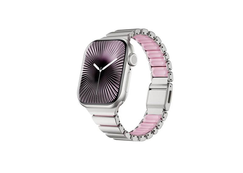 Rear view of the silver Fusion stainless steel Apple Watch strap showing premium butterfly clasp, brushed stainless steel links and soft pink silicone comfort lining for Apple Watch Ultra 3, Series 11, Series 10 and Apple Watch SE.