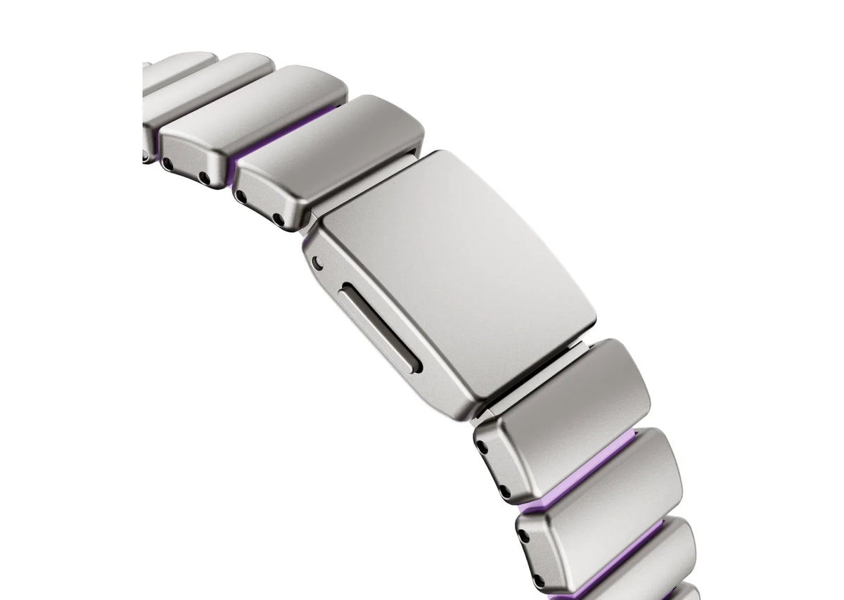 Premium silver and purple Apple Watch strap with stainless steel links, soft silicone interior and secure folding clasp for women compatible with Apple Watch Ultra 3, Ultra 2, Series 11 and Series 10.