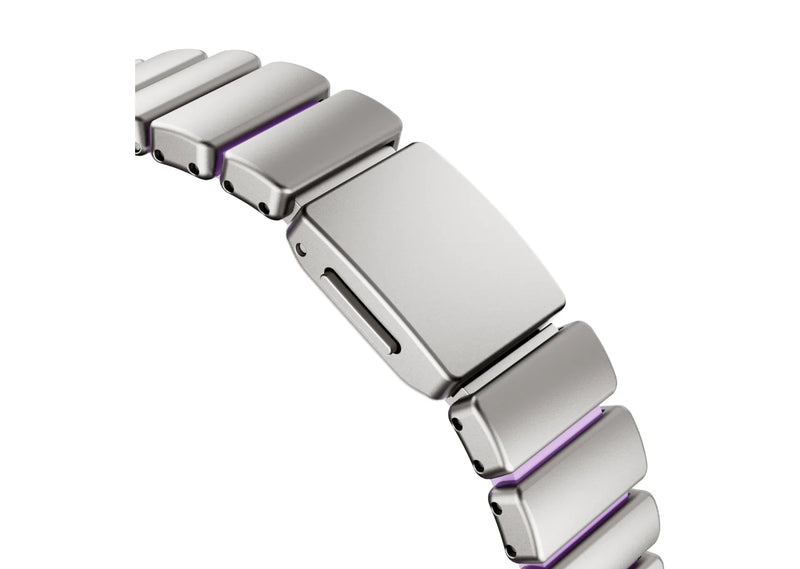 Premium silver and purple Apple Watch strap with stainless steel links, soft silicone interior and secure folding clasp for women compatible with Apple Watch Ultra 3, Ultra 2, Series 11 and Series 10.