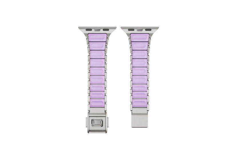 Inner side of silver and purple stainless steel Apple Watch strap showing soft silicone comfort lining and premium butterfly clasp designed for women and daily wear.