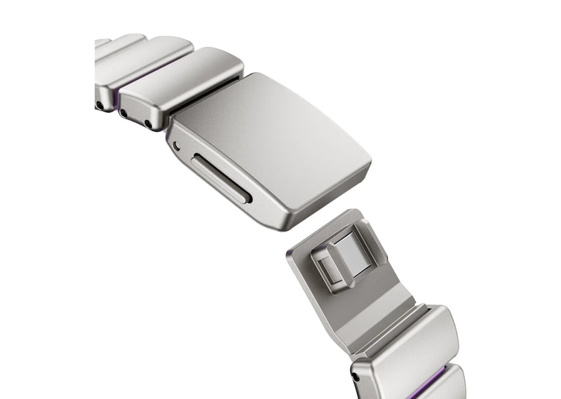 Outer view of luxury silver stainless steel Apple Watch strap with elegant purple accents featuring polished stainless steel links for women compatible with Apple Watch Ultra and Series models.