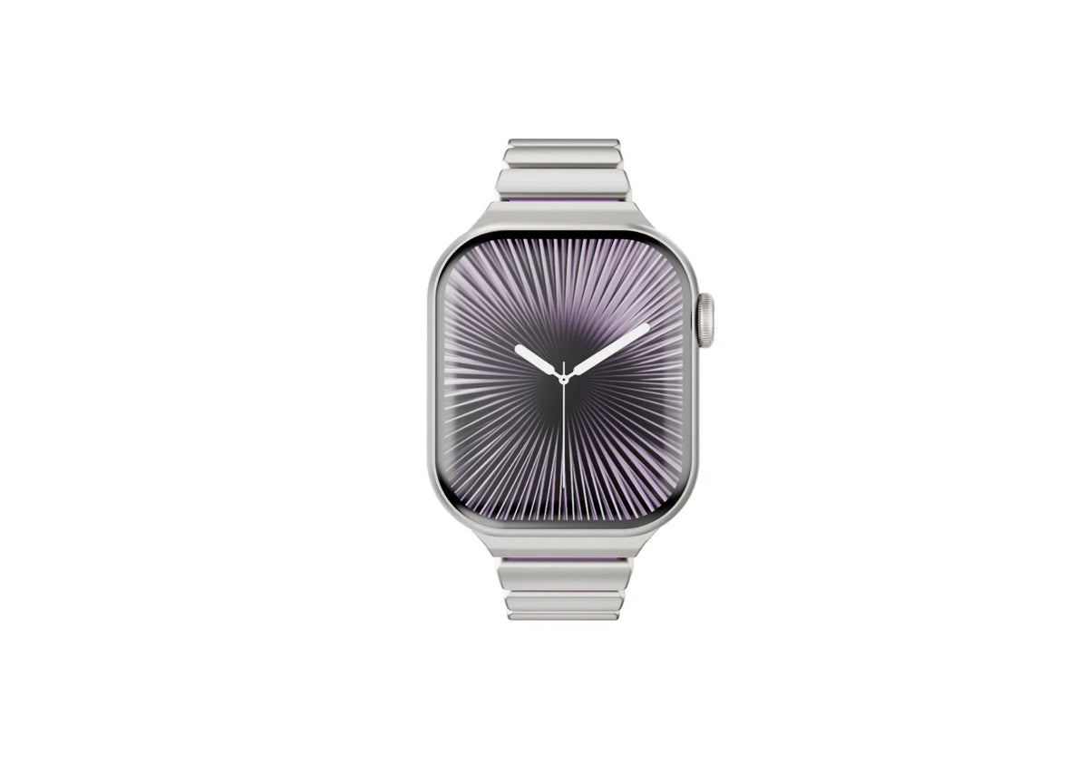 Side profile of silver and purple stainless steel Apple Watch band with flexible silicone lining and premium folding clasp for Apple Watch Ultra 3, Series 11, Series 10 and Apple Watch SE.