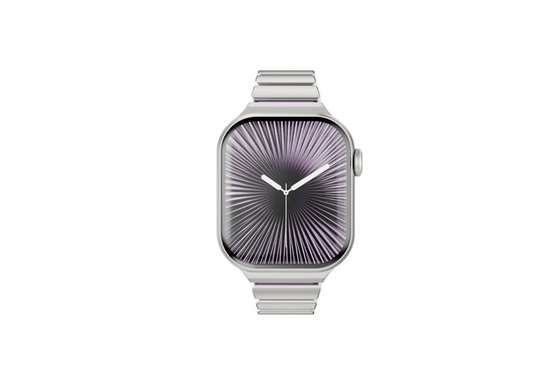 Side profile of silver and purple stainless steel Apple Watch band with flexible silicone lining and premium folding clasp for Apple Watch Ultra 3, Series 11, Series 10 and Apple Watch SE.