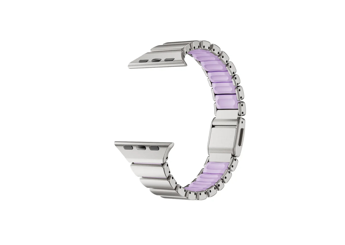 Close-up of premium stainless steel clasp on silver and purple Apple Watch strap showing secure butterfly locking mechanism and luxury metal finish.