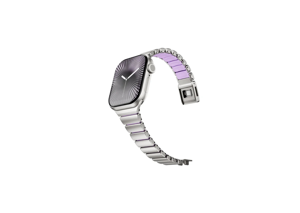 Detailed view of butterfly deployment clasp on silver and purple stainless steel Apple Watch band with premium metal construction and secure locking design.