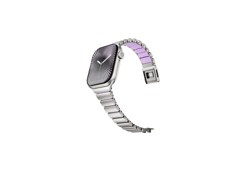 Detailed view of butterfly deployment clasp on silver and purple stainless steel Apple Watch band with premium metal construction and secure locking design.