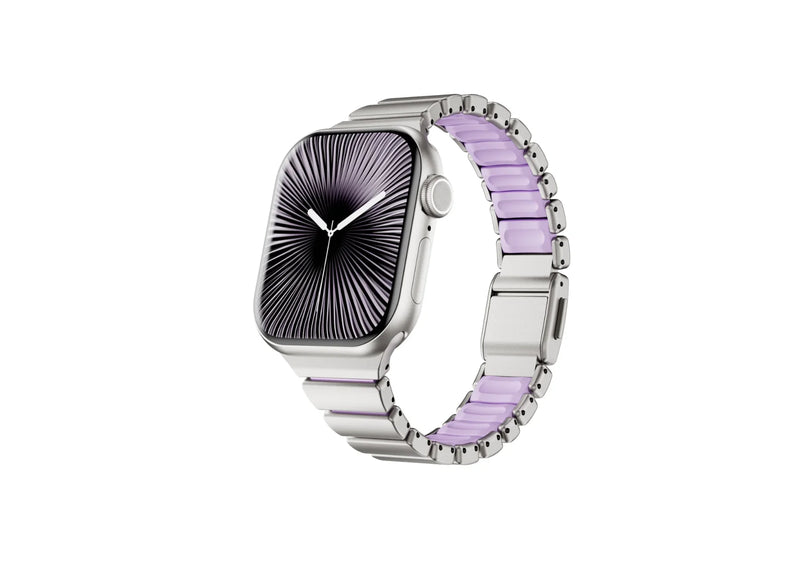 Silver and Purple stainless steel Apple Watch strap for women featuring premium stainless steel outer links, soft silicone inner lining and secure clasp, compatible with Apple Watch Ultra 3, Ultra 2, Series 11, Series 10 and SE.