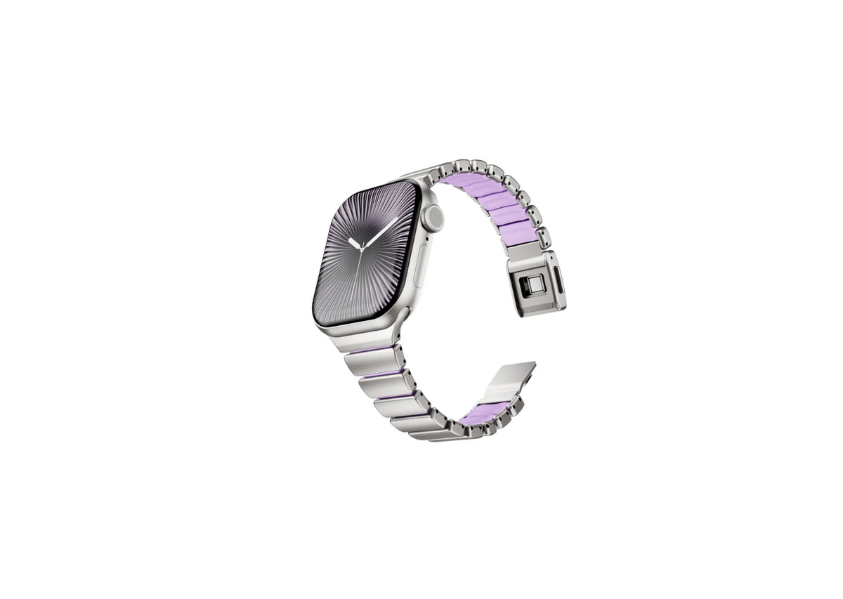 Front view of silver and purple stainless steel Apple Watch strap for women with elegant hybrid metal and silicone construction compatible with Apple Watch Series 11, Series 10, Ultra 3 and SE.