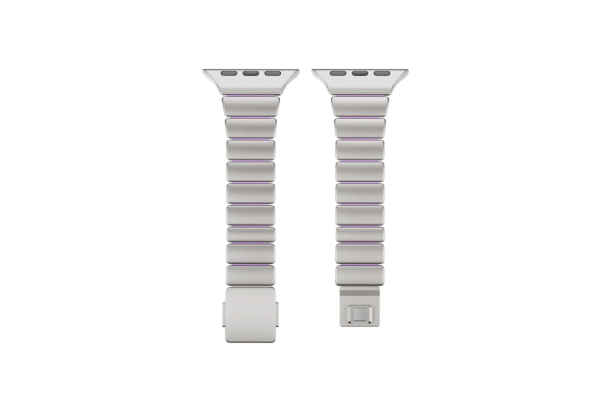 Luxury silver and purple stainless steel Apple Watch strap for women featuring premium metal links, soft silicone comfort lining and elegant modern design compatible with Apple Watch Ultra 3, Ultra 2, Series 11, Series 10 and Apple Watch SE.