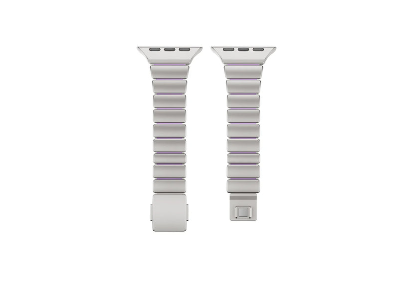 Luxury silver and purple stainless steel Apple Watch strap for women featuring premium metal links, soft silicone comfort lining and elegant modern design compatible with Apple Watch Ultra 3, Ultra 2, Series 11, Series 10 and Apple Watch SE.