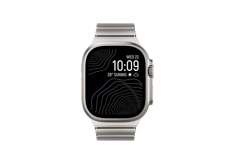 Front display view of the Silver & Black Titanium Fusion Apple Watch Strap installed on Apple Watch Ultra with premium brushed titanium finish