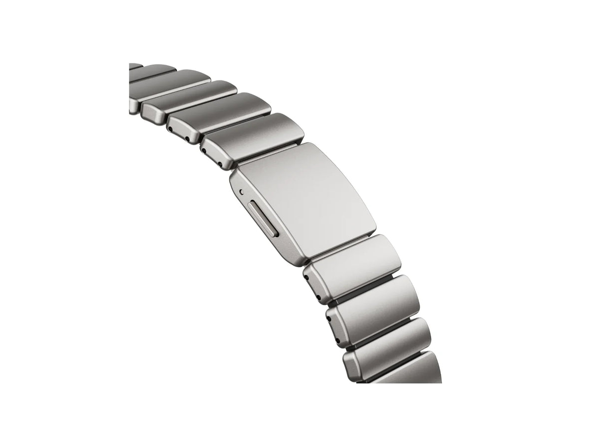Full-length front view of the Silver & Black Titanium Fusion Apple Watch Band with magnetic closure compatible with Apple Watch Ultra and Series models