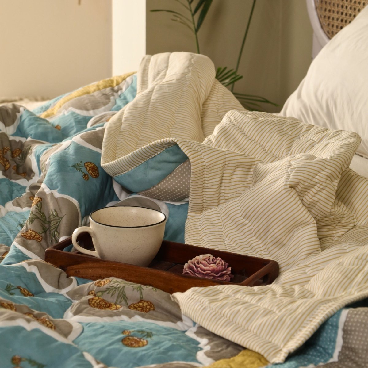 AC Comforter in 100% Cotton Mulmul Handprinted in Rust and Taupe Colours| Lightweight Soft and Breathable AC Blanket