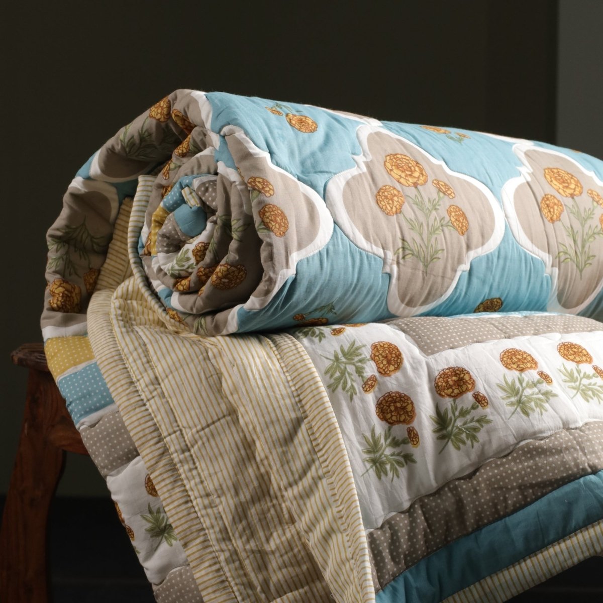 AC Comforter in 100% Cotton Mulmul Handprinted in Rust and Taupe Colours| Lightweight Soft and Breathable AC Blanket