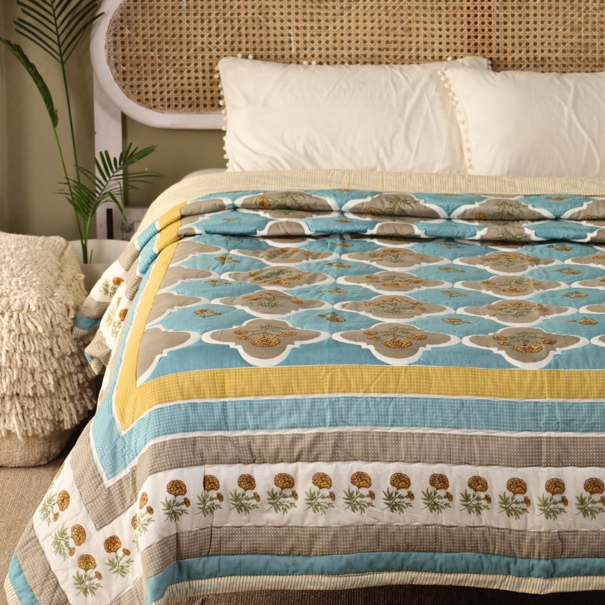 AC Comforter in 100% Cotton Mulmul Handprinted in Rust and Taupe Colours| Lightweight Soft and Breathable AC Blanket