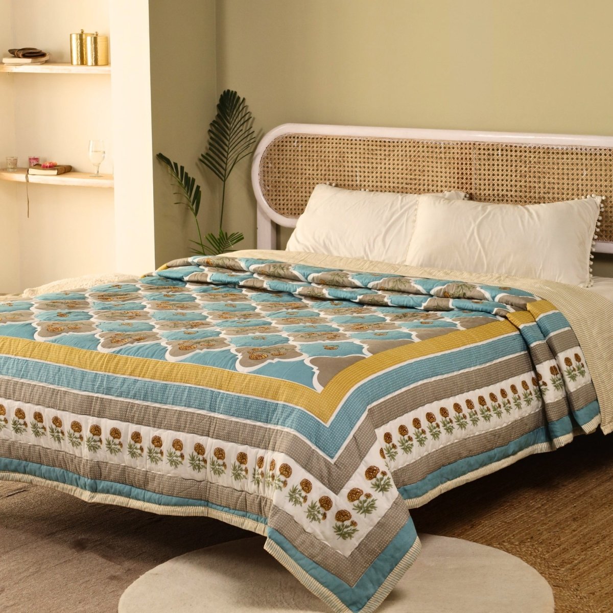 AC Comforter in 100% Cotton Mulmul Handprinted in Rust and Taupe Colours| Lightweight Soft and Breathable AC Blanket
