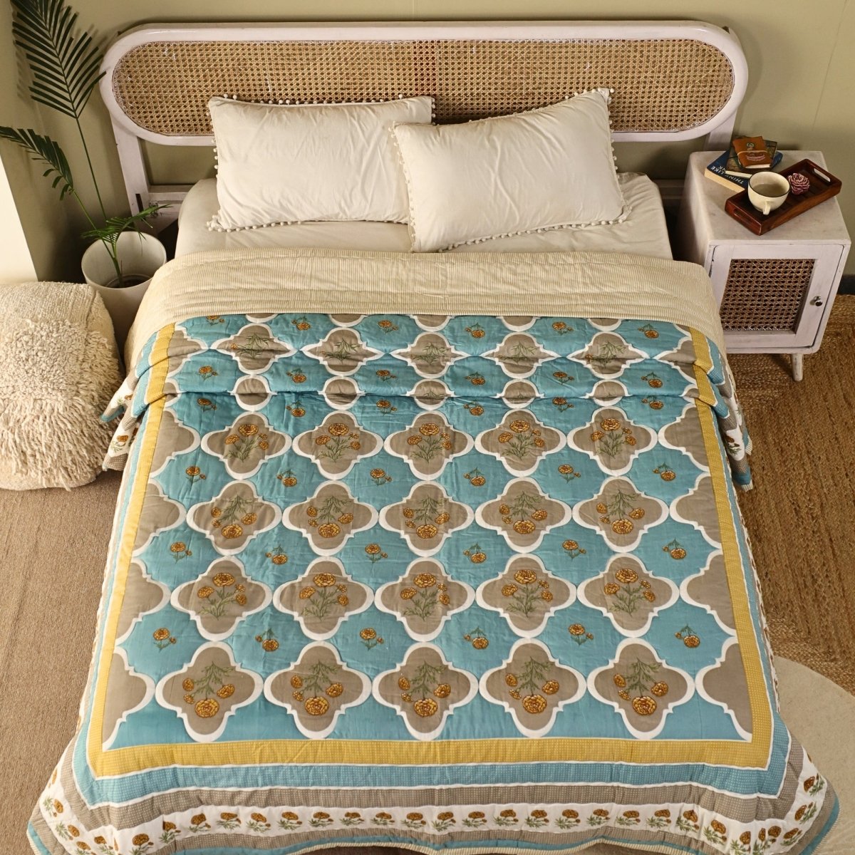 AC Comforter in 100% Cotton Mulmul Handprinted in Rust and Taupe Colours| Lightweight Soft and Breathable AC Blanket