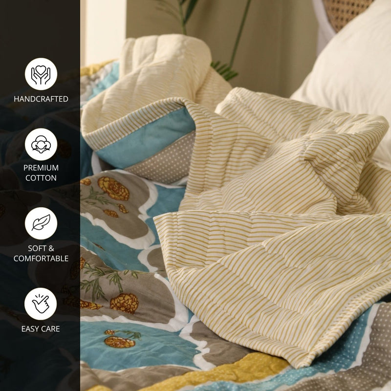 AC Comforter in 100% Cotton Mulmul Handprinted in Rust and Taupe Colours| Lightweight Soft and Breathable AC Blanket