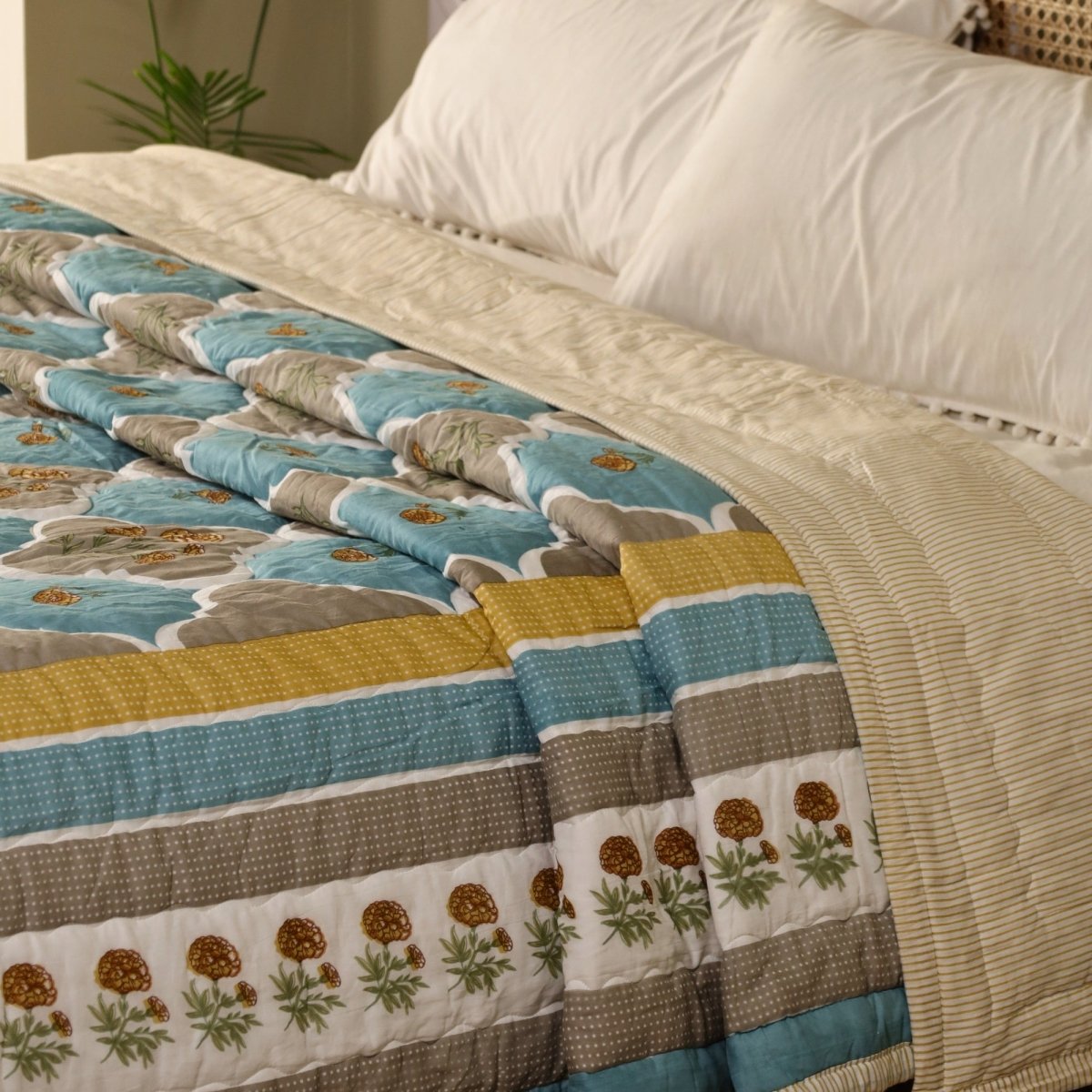 AC Comforter in 100% Cotton Mulmul Handprinted in Rust and Taupe Colours| Lightweight Soft and Breathable AC Blanket