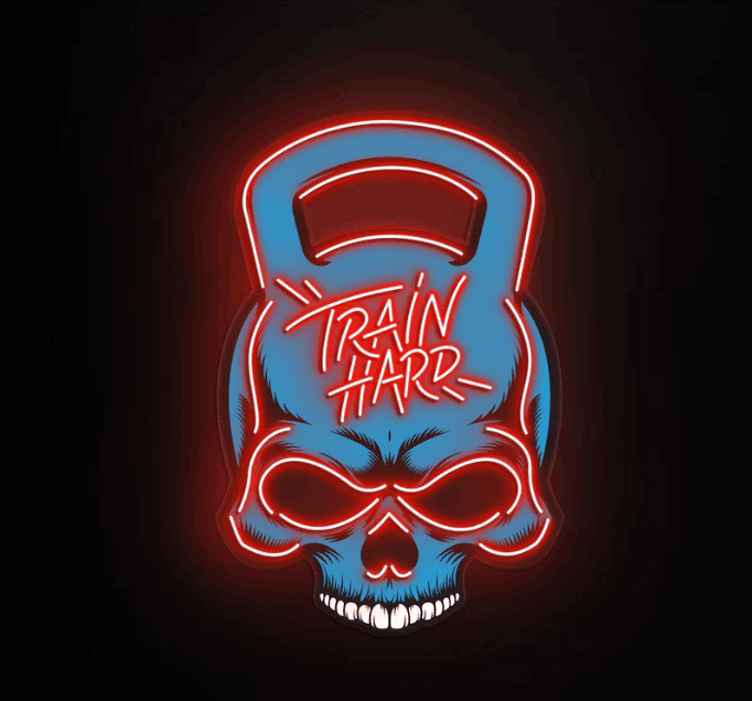 Train Hard Skull Kettlebell Neon LED Sign – Gym Motivation Wall Decor | Neon Signs India — Image 2