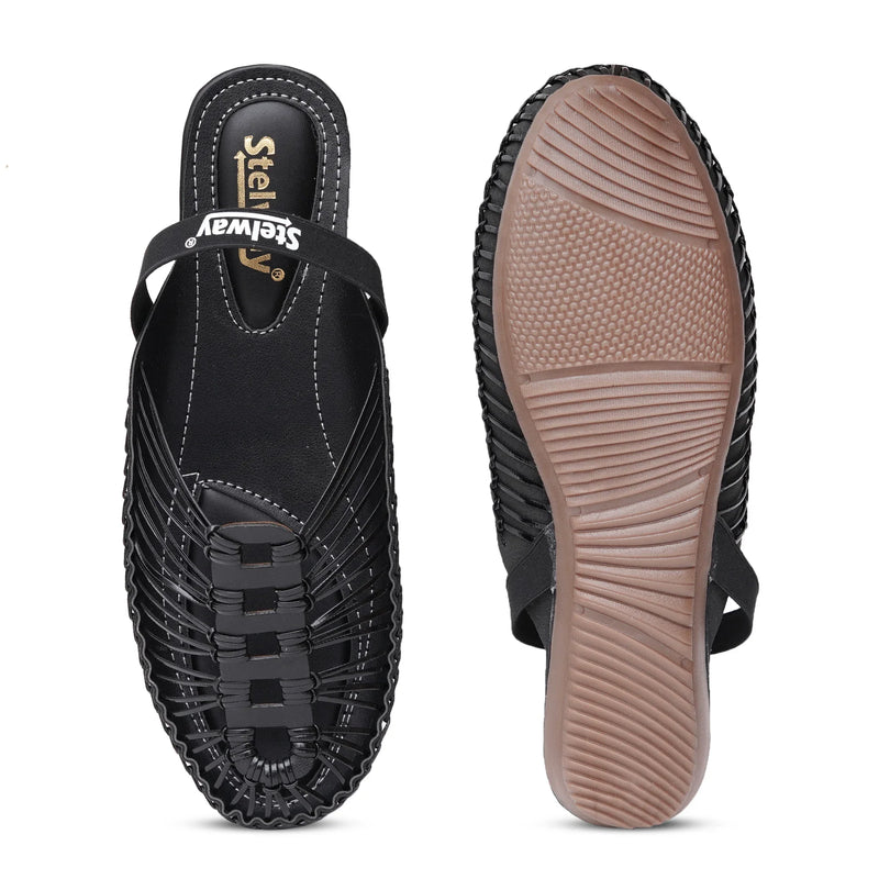 Black Handcrafted Flat Sandal Clogs-10