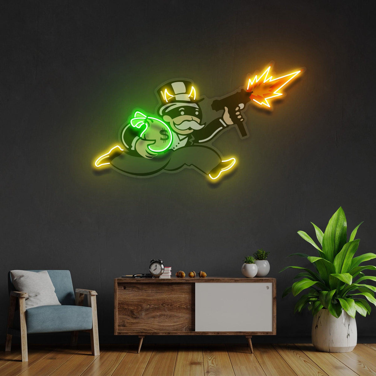 Violent Monopoly Gun LED Neon Acrylic Artwork – Pop Art Wall Decor for Bedroom & Bar - LED Neon Sign