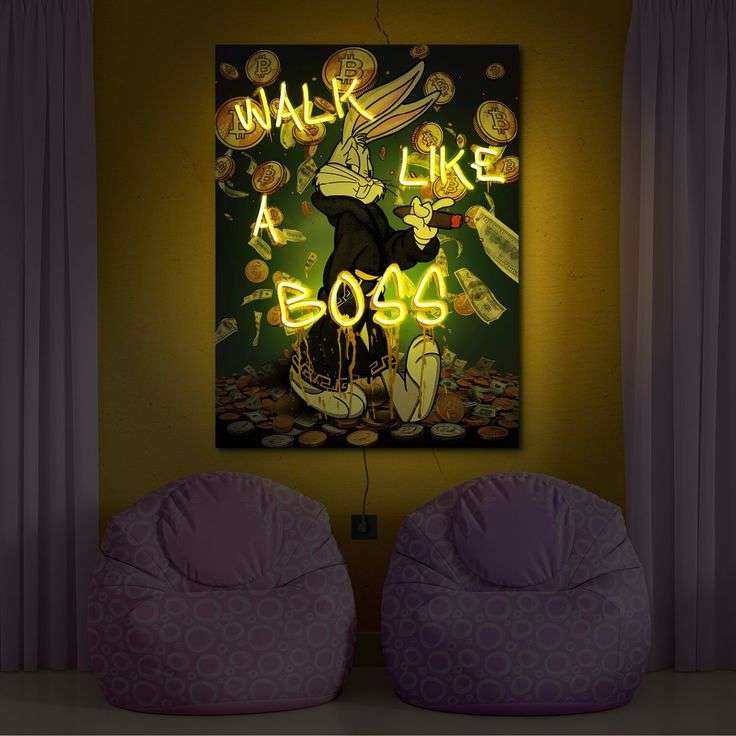 Walk Like a Boss Neon Wall Art – Money & Bitcoin Pop Art LED Sign | Neon Signs India