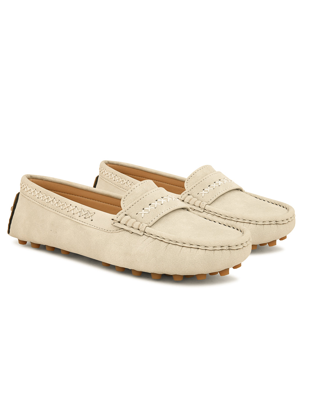 Women’s Lightweight Round Toe Loafers in beige suede with stitched details, cross-stitched vamp band, and studded rubber sole.