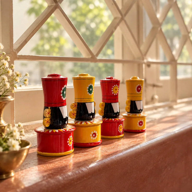Four wooden Balaji haldi kumkum boxes with carved lids, two red and two yellow, from Zishta's box pair set of 2. ZIshta Navratri Return Gifts.