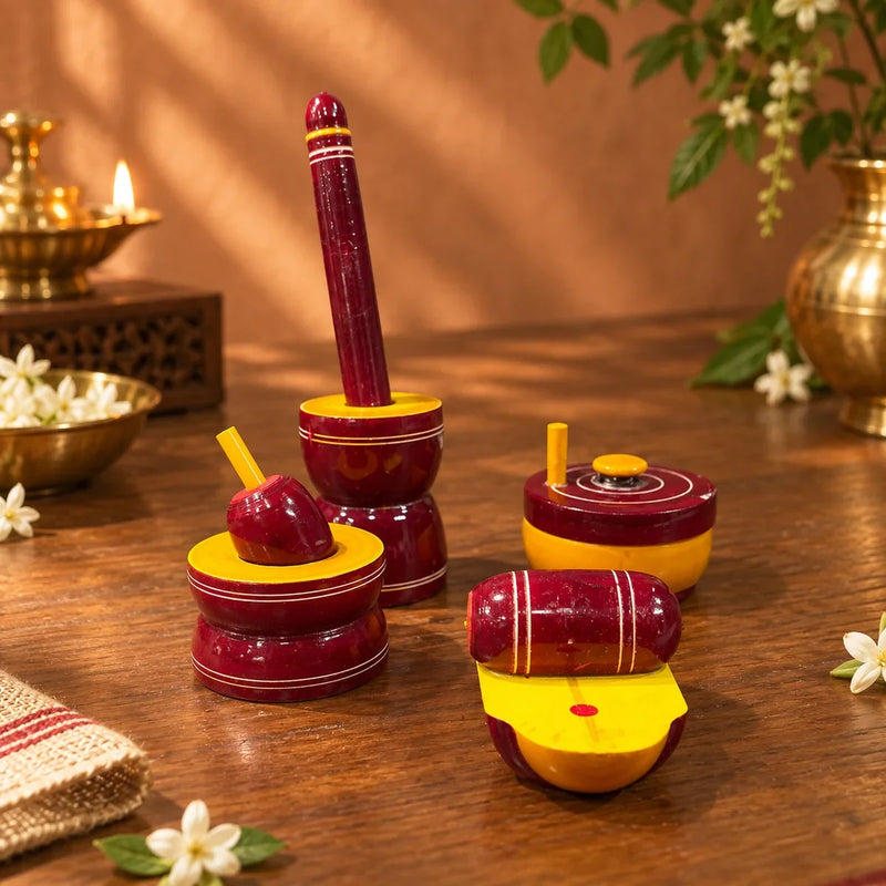Wooden Gowramma set of 4 kitchen tools, hand-painted Etikoppaka craft. Zishta Traditional Dolls and Toys.