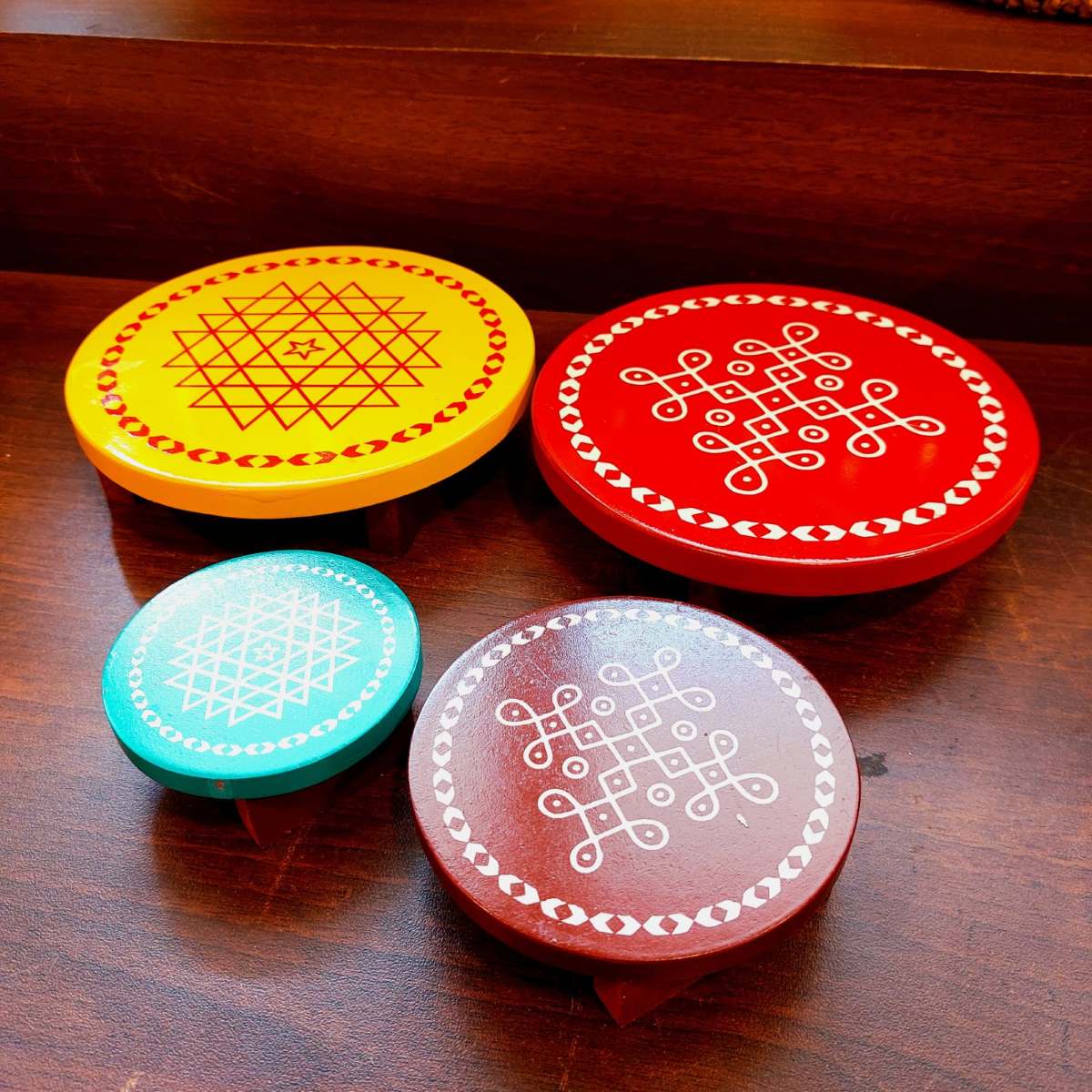 Wooden Pooja Chowki Manai – Round | Set of 4 Handcrafted Manai Palagai Peedam-3