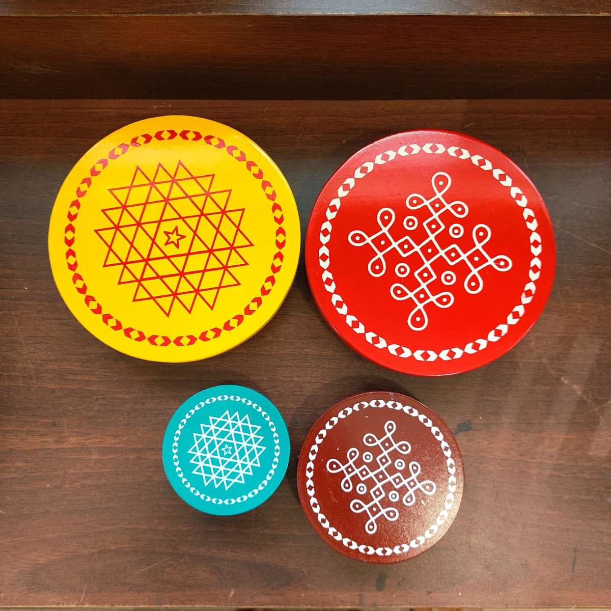 Wooden Pooja Chowki Manai – Round | Set of 4 Handcrafted Manai Palagai Peedam-2
