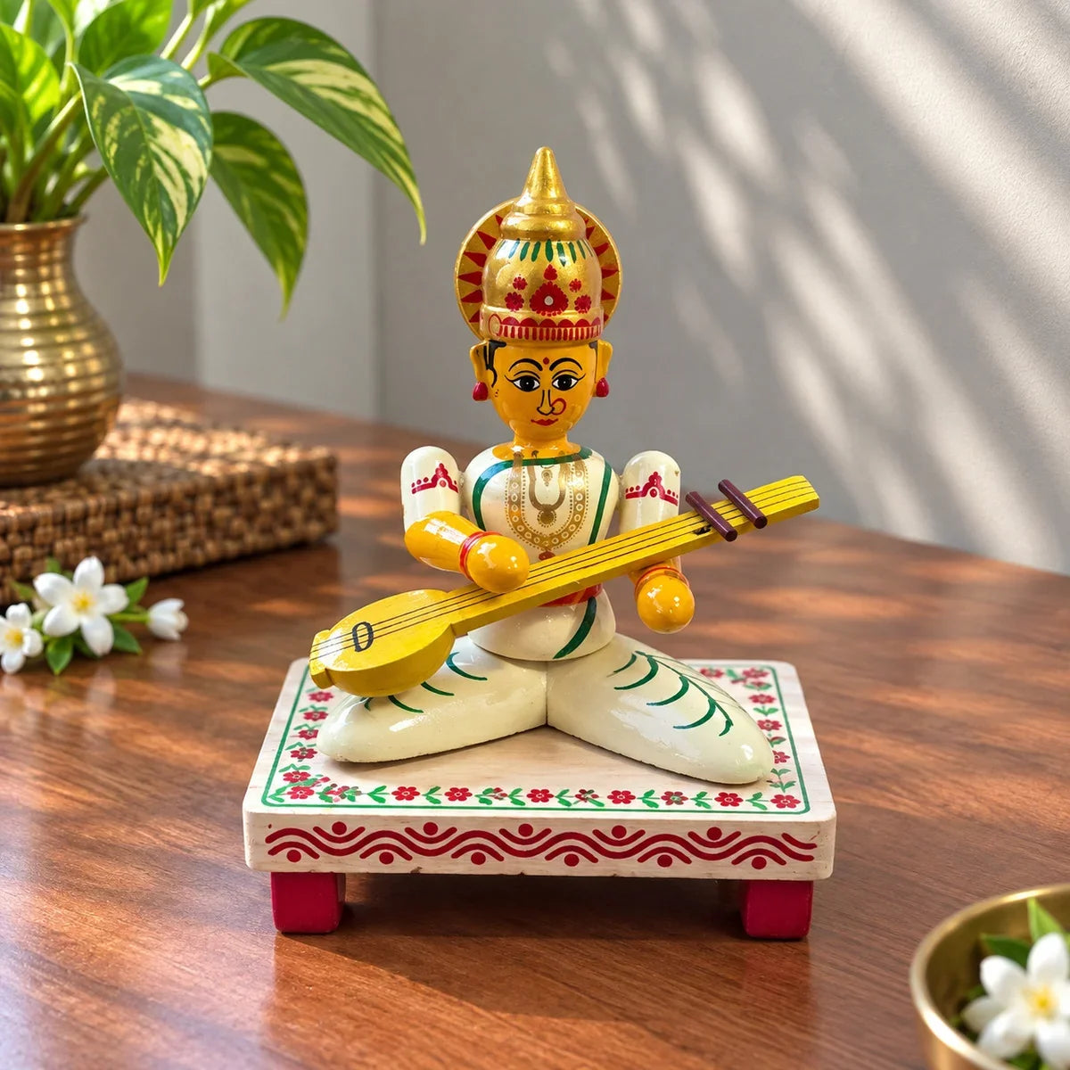 Zishta Wooden Saraswati Devi doll playing veena, hand-painted Etikoppaka golu doll