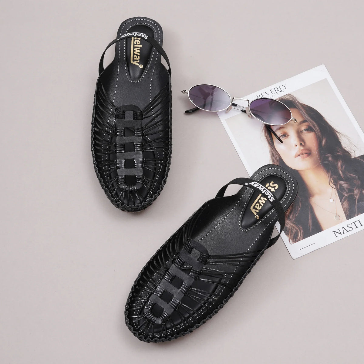 Black Handcrafted Flat Sandal Clogs-4