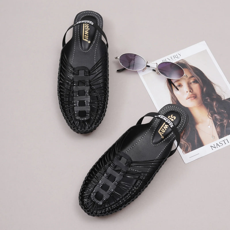 Black Handcrafted Flat Sandal Clogs-4