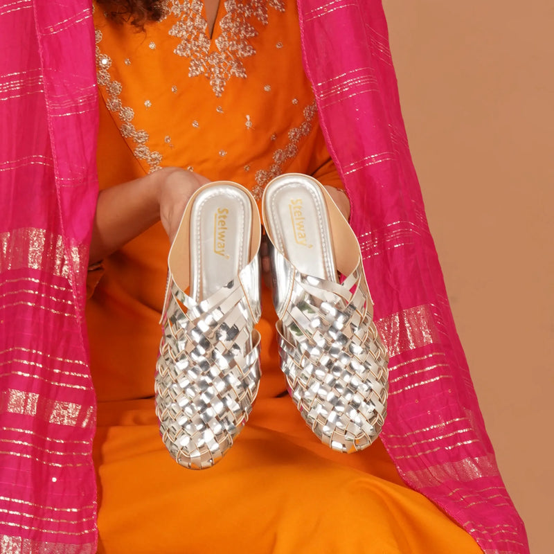 Shiny Silver Criss-cross Chromium Mules-1