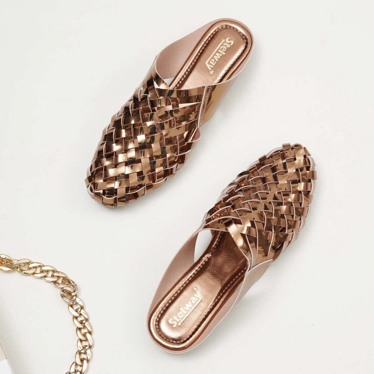Shiny Copper Criss-cross Chromium Mules-3